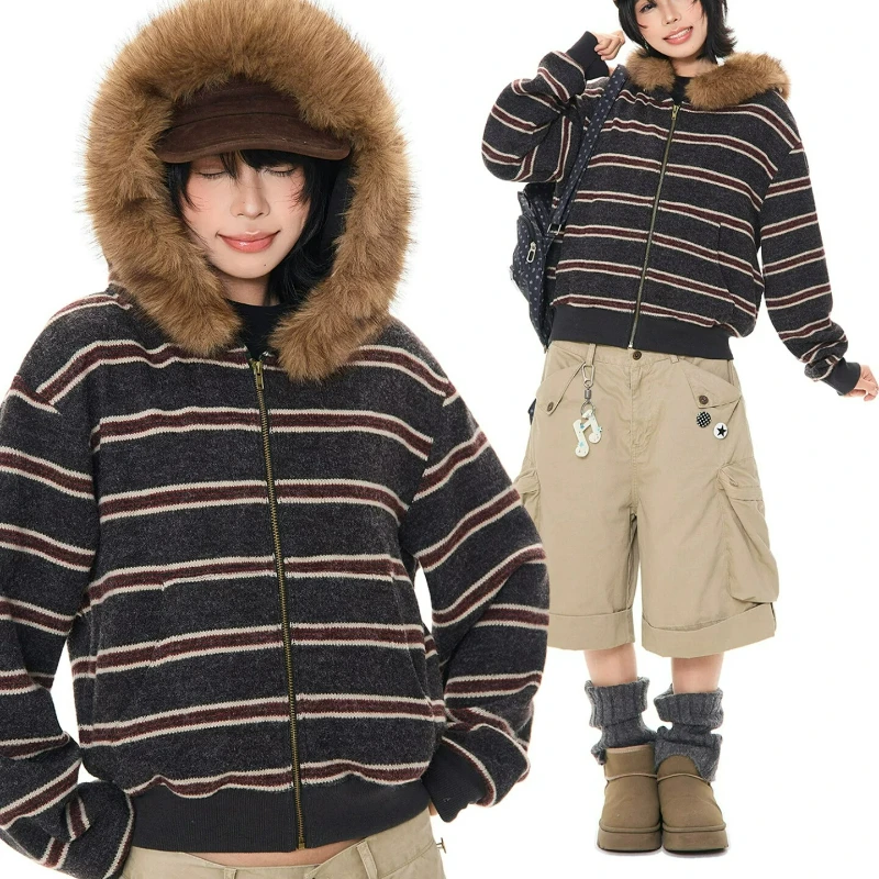 Women Vintage Design Striped Hooded Jackets Detachable Faux Fur Trim Zip Up Loose Coats Y2k Winter New Versatile Warm Outerwear