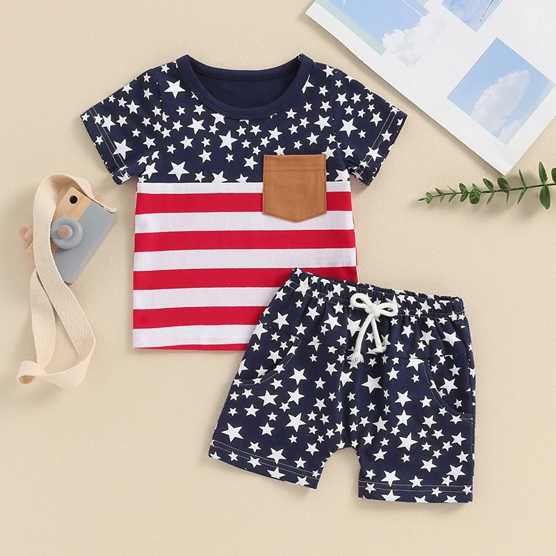 

Little Boy 4th of July Outfits Short Sleeve Striped Tshirt Tops Elastic Waist Star Print Shorts Boys Summer Independence Day Set