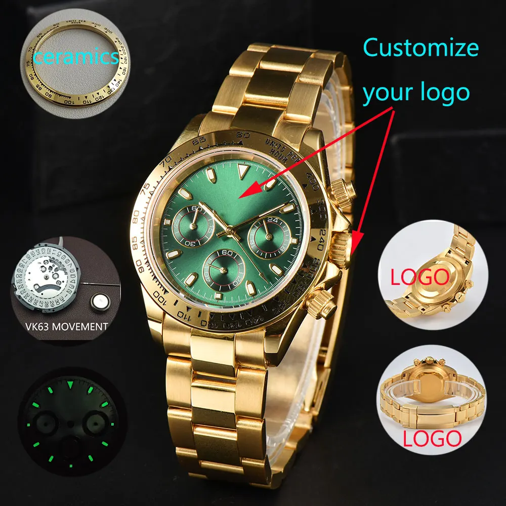 39.3MM Custom Pattern Logo Luxury Men\'s Watch Stainless Steel Case Men\'s Business Monthly Watch Timing Code VK63 Quartz Movement