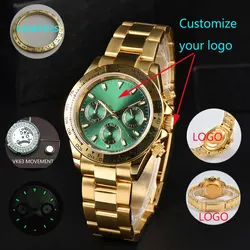 39.3MM Custom Pattern Logo Luxury Men's Watch Stainless Steel Case Men's Business Monthly Watch Timing Code VK63 Quartz Movement