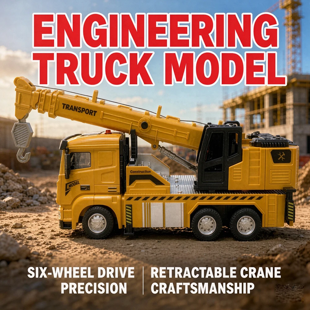 1:32 Diecast Crane Truck Toy Metal Alloy Engineering Vehicle with Lights Sounds Pull Back Function Extendable Boom Kids Gift