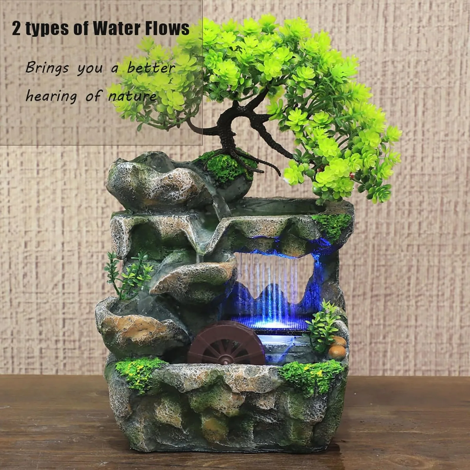 Bymaocar Water Fountain Rockery Ornaments W/ Waterfall & LED Colorful Lights Small Desktop Rockery for Office,Home,Bedroom Decor