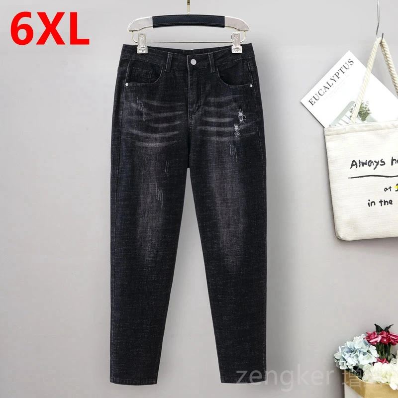 

Spring large size elastic jeans female elastic waist thin wide thigh thick trousers 5XL 6XL jeans woman