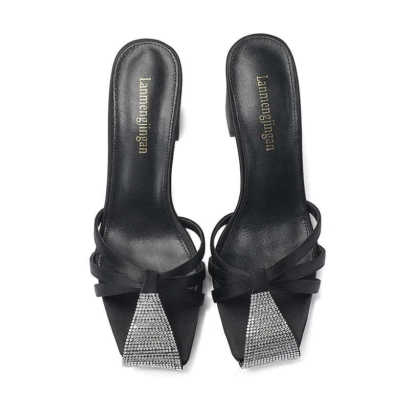 2024 Women's New Silk Sexy Party High Heels Fashion Classic Rhinestone Outdoor Brand Slippers Banquet Open Toe Thick Heel Sandal