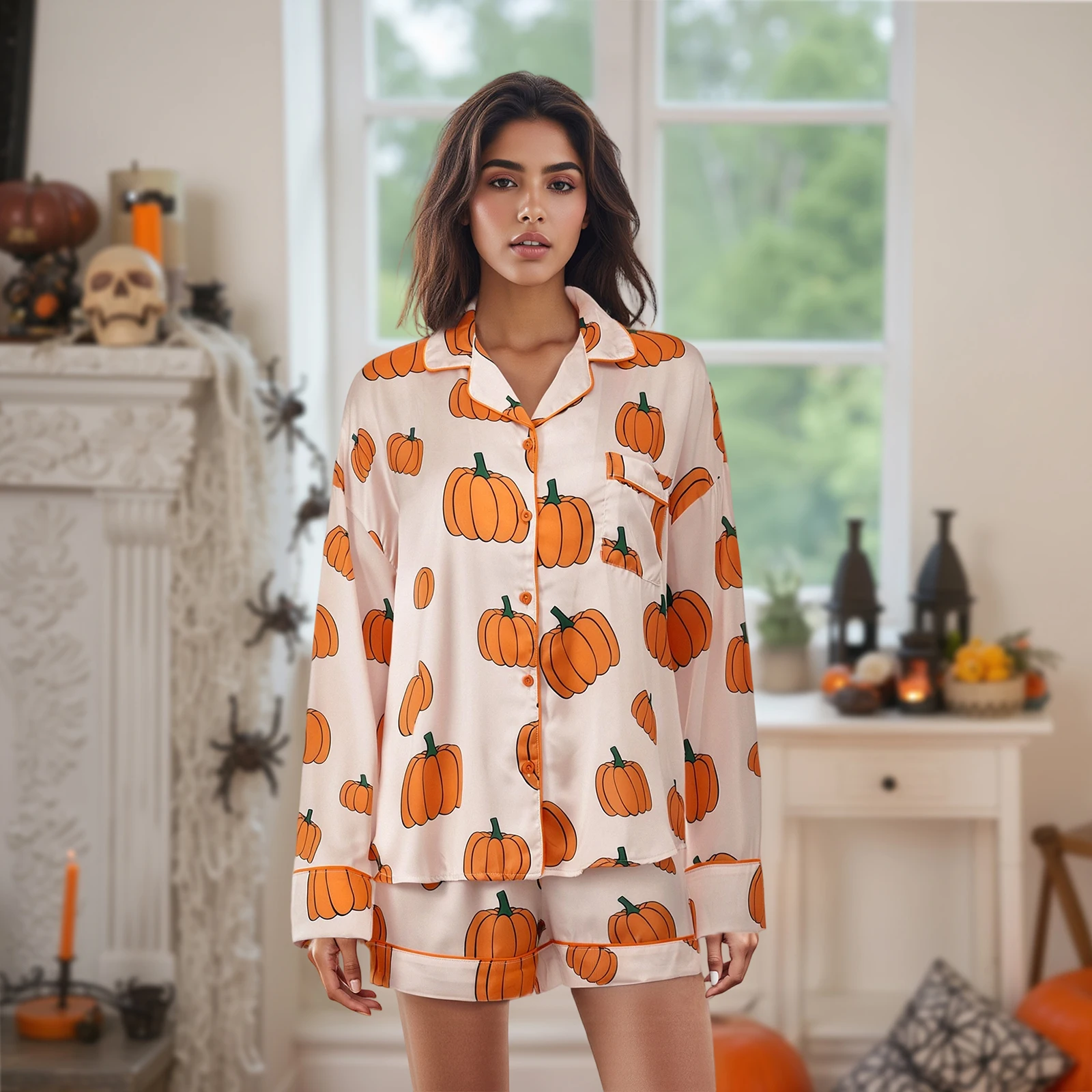

Women Halloween Pajamas Loungewear Set Pumpkin/Skull Print Long Sleeve Button Shirts Tops and Shorts 2 Piece Loungewear Outfits