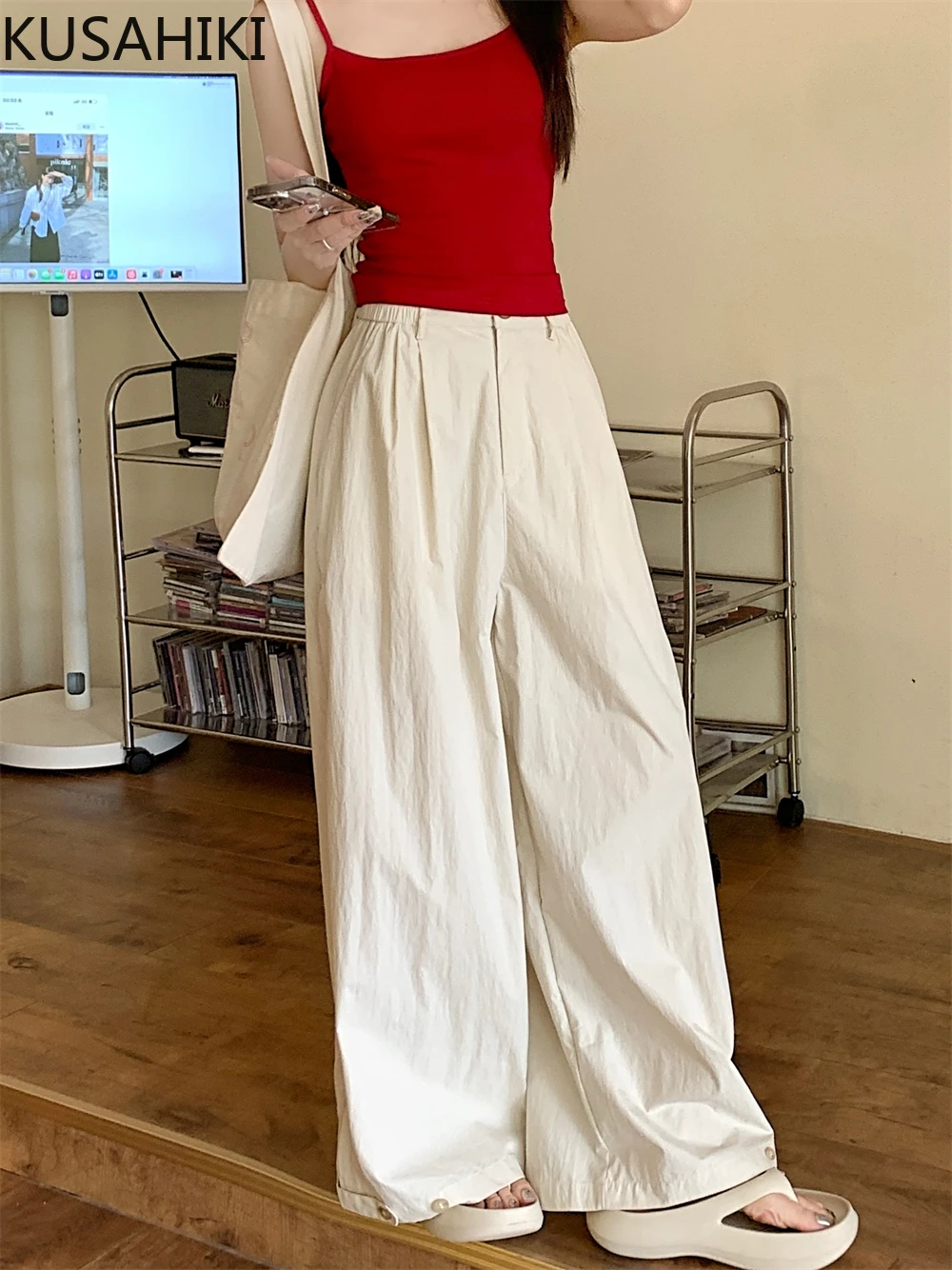 KUSAHIKI Korean Version Versatile Casual Pants for Women Summer 2024 High Waisted Slim Straight Leg Wide Leg Long Trousers