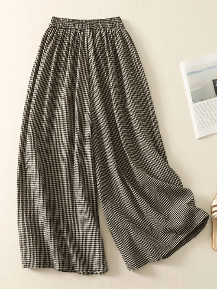 الكورية Sle كبيرة الحجم المرأة الصيف عادية منقوشة بنطال ذو قصة أرجل واسعة ثنيات تسع نقاط القطن الكتان اليابانية مستقيم أنبوب السراويل