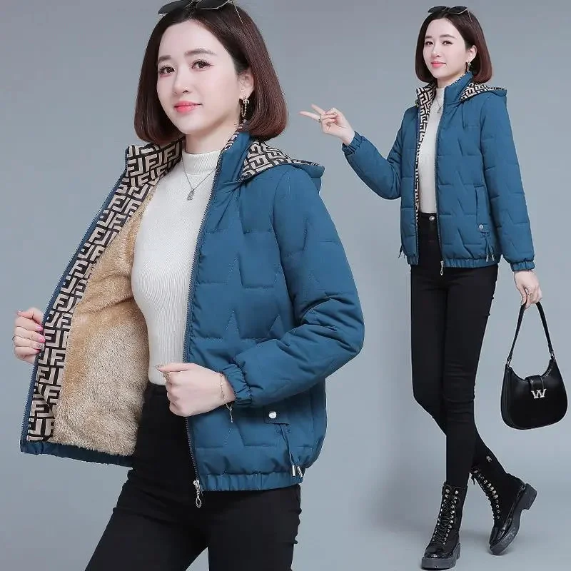 2024 New Plus Velvet Puffer Coats Down Jacket Women Winter Outwear Fashion Hoodie Cotton Coat Warm Down Cotton Jacket Female