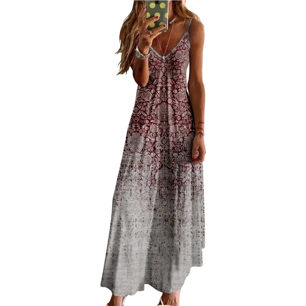 

Spring Summer Women V-Neck Vintage Gradient Printed Sexy Beach Long Maxi Dress Split Sleeveless Clothing Holiday Vestido