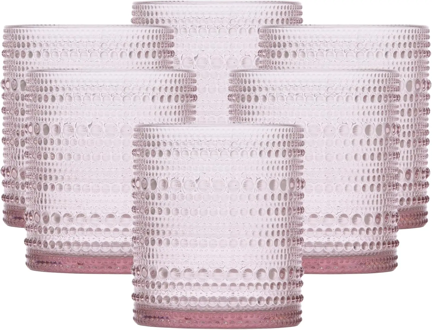 

Pink Beaded Hobnail Glass 10 Oz Double Old Fashioned Set of 6, Dishwasher Safe Soda Lime Glassware