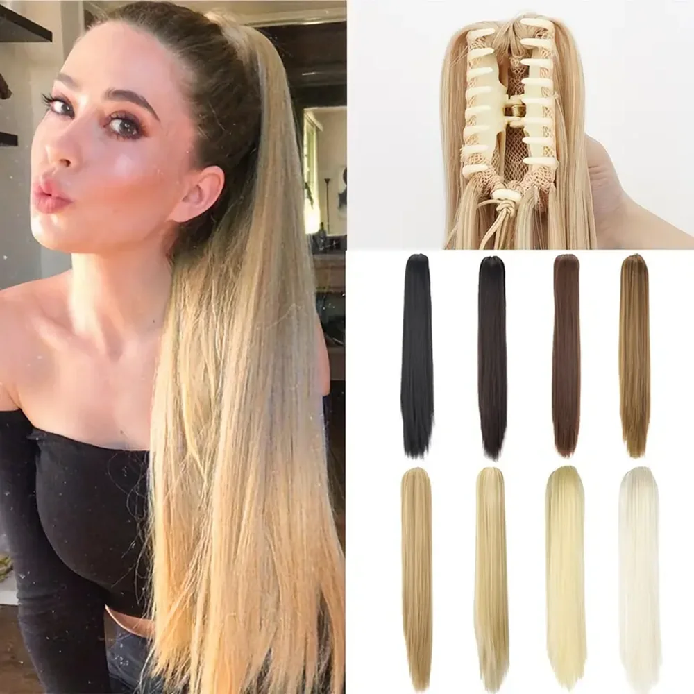 24inch Synthetic Long Straight Hair Claw Clip Ponytail Hair Extensions Multi-Color Options High Ponytail Braid Wig for Women