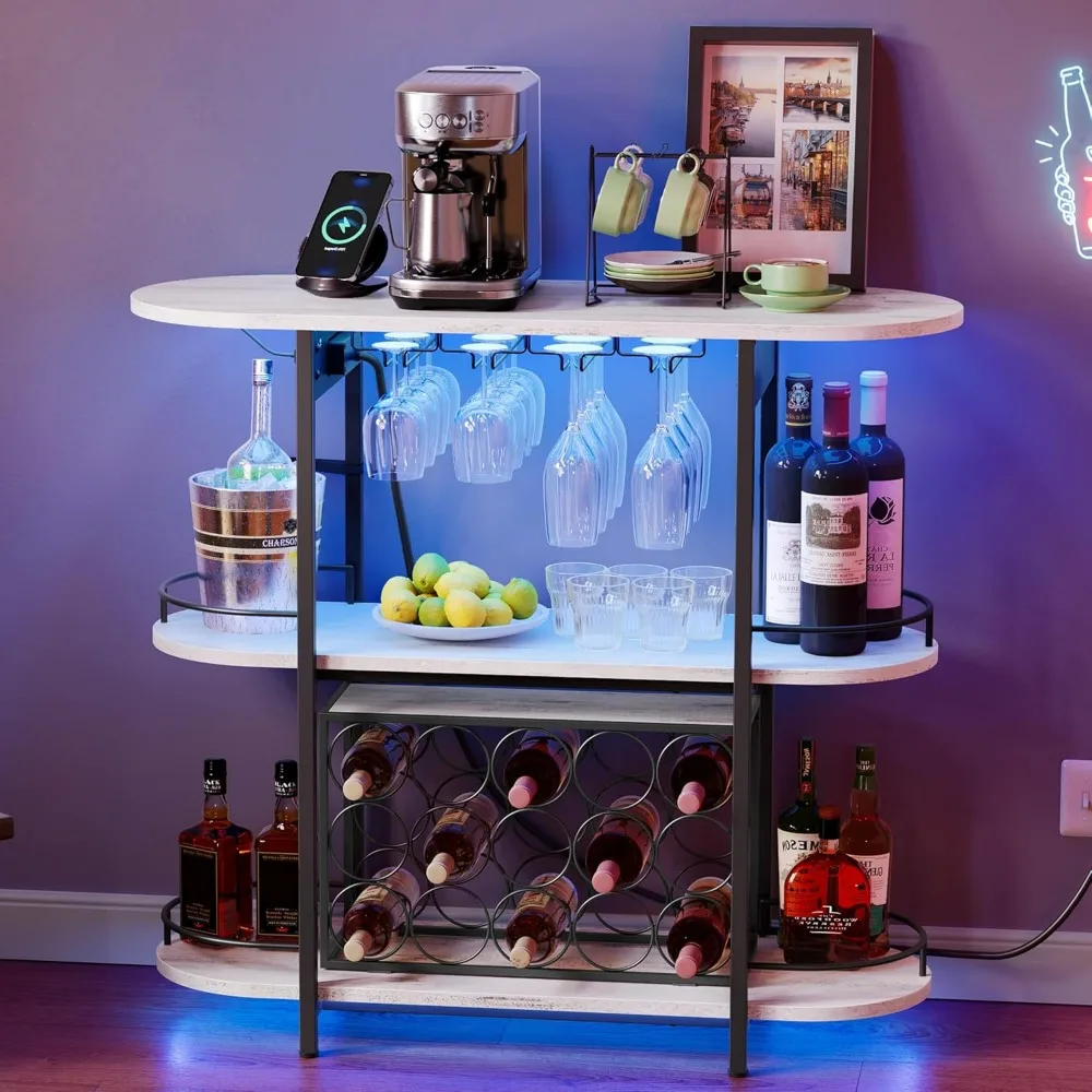 Gabinetes de bar para el hogar, cafetería LED con tomas de corriente, mini bar casero para licor, botellero independiente con soporte para vidrio