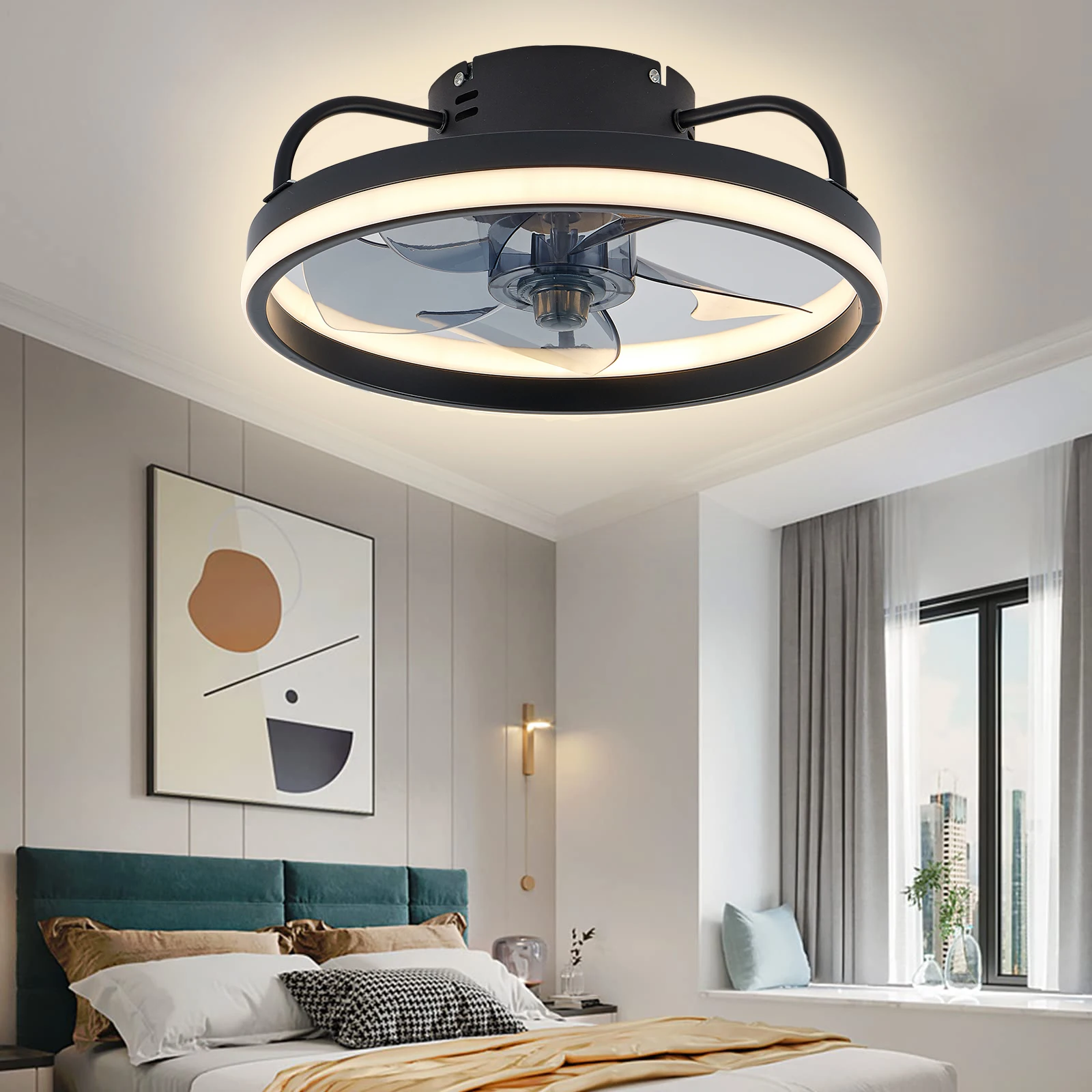 Modern LED ceiling fan with adjustable two-way blade timer and remote control tri-color adjustable bedroom living room kitchen