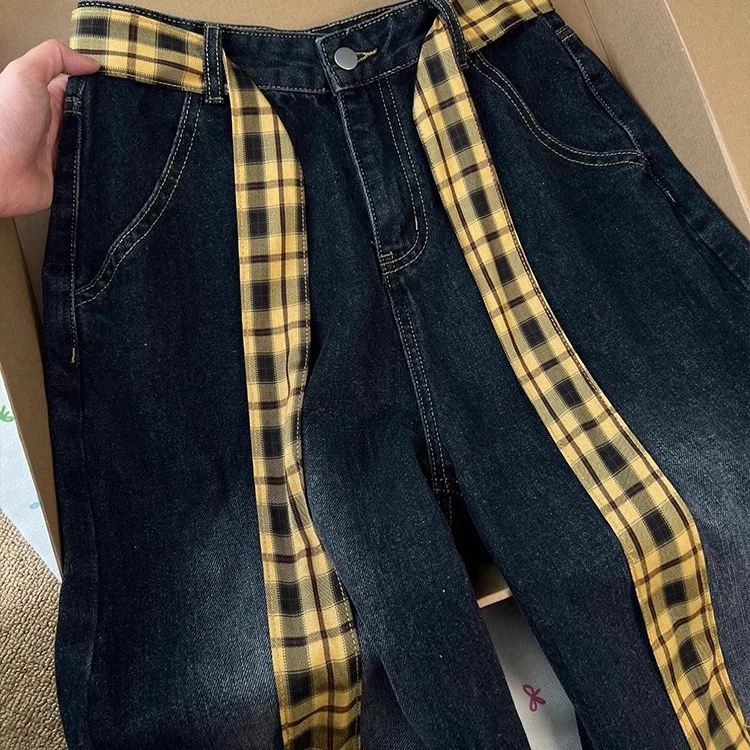 

Джинсы с высокой талией, в клетку, с денимовыми вставками, прямые, широкие, длинные брюки, летняя новинка, стильный дизайн, уличный стиль