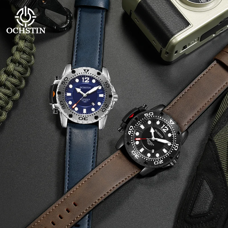 OCHSTIN Leather Strap Wristwatch Man Quartz Movement Watches Men's Navigator Series 30 Meters Water Resistance Luxury Watch