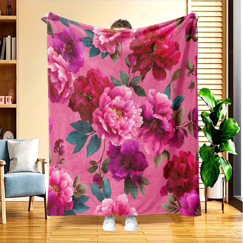 Watercolor Pink Peony Floral Flannel Throw Blanket, Soft Warm Blanket For Sofa Bed Bedroom Travel,Flower Pattern Home Decor Gift
