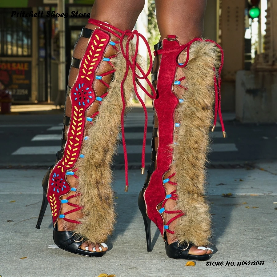 

Women's Sewing Furry Gladiator Sandals Bohemian Style Cross-tied Back Zip Stilettos Trendy Round Open Toe Thin Heels Party Shoes