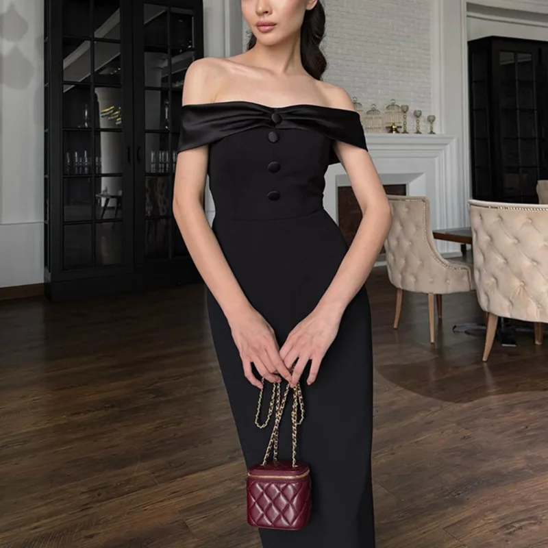Talenza Black Off-the-Shoulder Dress Women's Elegant Backless Slit Patchwork Dress Luxurious Fashion Female Party Evening Dress