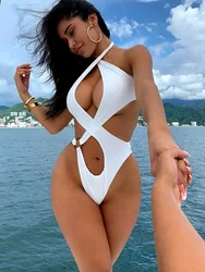 2024 Sexy High Cut Out Halter Female Swimwear One Piece Swimsuit Women Cross Bandage Monokini Bather Bathing Suit Swim Beachwear