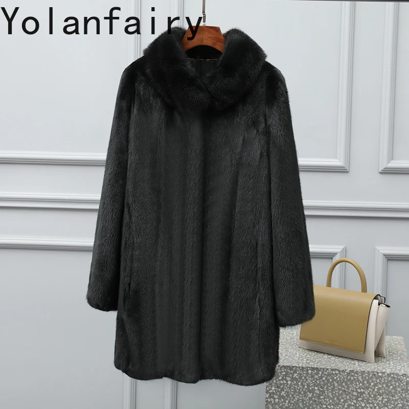 YOLANFAIRY Wysokiej Jakości Kurtki z Naturalnego Futra Norki dla Kobiet Zimowe Średniej Długości Dopasowane Naturalne Futro Płaszcz Damski Kurtka z Norki Kołnierz typu Bread Collar