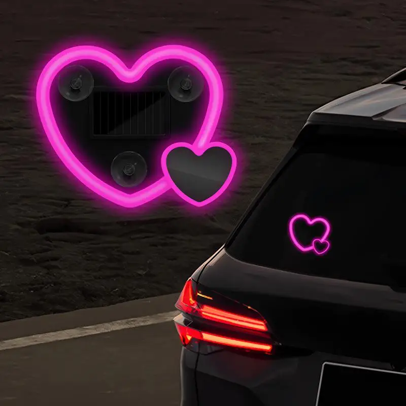 1Set Car Window Suction Cup Led Atmosphere Light Heart Shaped Car Ambient Light 500mAh Solar/USB-C Rechargeable Neon Lamp