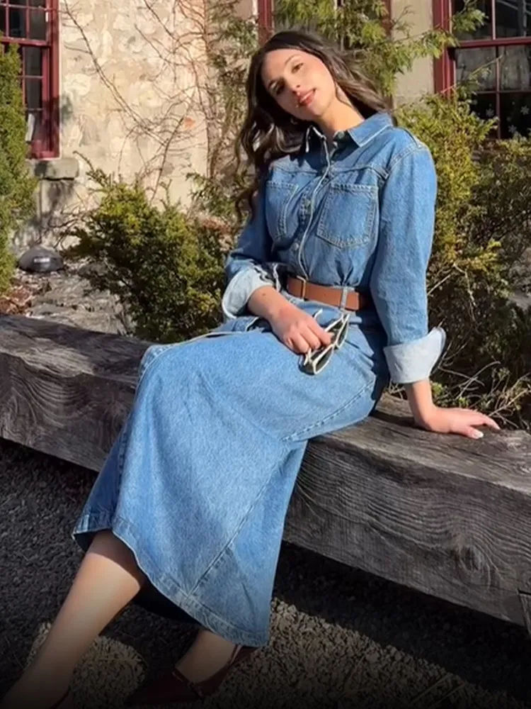 

2025 New Long Sleeve Denim Dress Fashion Single Breasted Lapel Long Sleeve Robe With Pockets Lady High Street Casual Vestido
