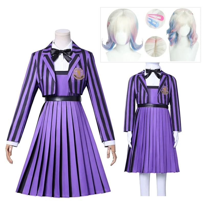 ANIMECC en STOCK Enid Sinclair miércoles Cosplay niños adultos disfraz peluca Anime Addam vestido púrpura trajes de Halloween para mujeres