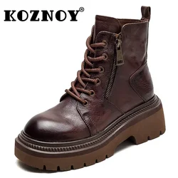 Koznoy 6cm prawdziwy skórzany koturn damskie buty na platformie moda motocyklowa jesienna botki etniczne mokasyny buty ze sprężynami