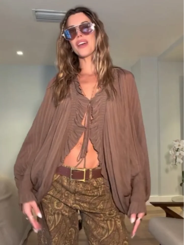 Fashion Ruffles V‑neck Lace Up Blouse Women Chic Drawstring Ruched Batwing Puff Sleeve Loose Tops 2026 Lady Bohemian Daily Shirt