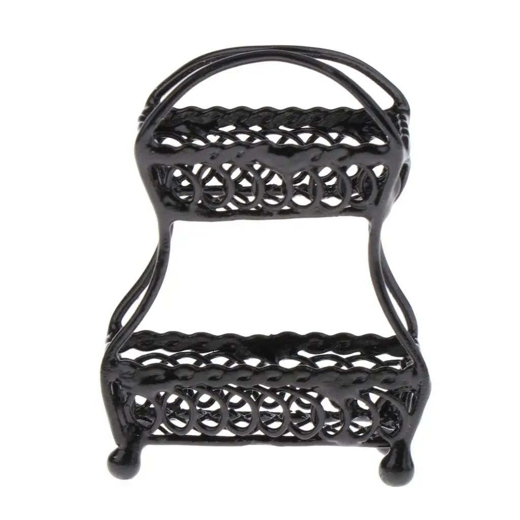 Cesta de almacenamiento de frutas en miniatura de 2 niveles, Kit de soporte de cocina para casa de muñecas, color negro