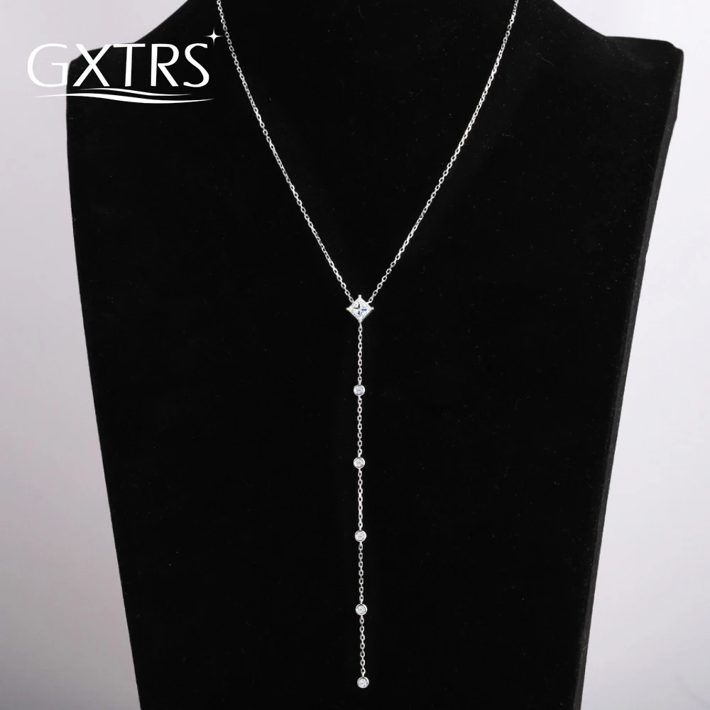 GXTRS 1CT Princess Cut Moissanite S925 Silver Necklaces For Women Wedding Long Tassel Neck Chains Lab Diamond Fine Jewelry Gifts
