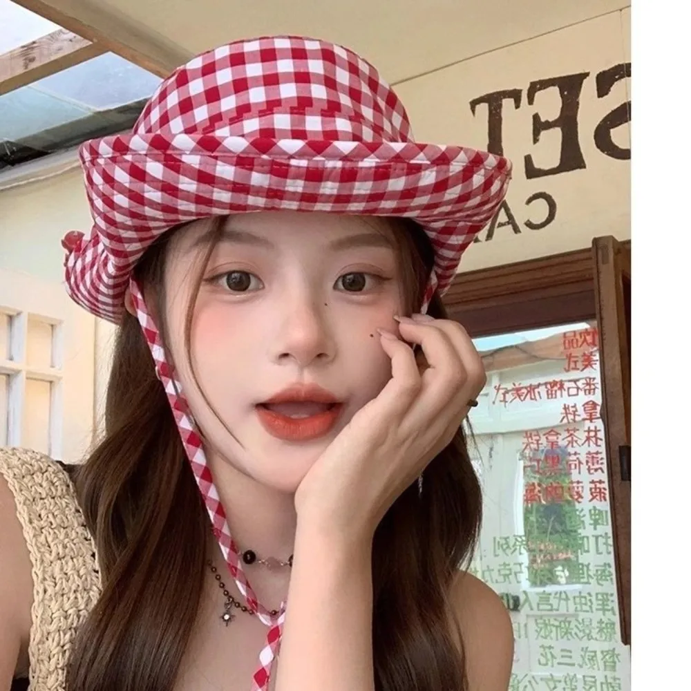 

Sweet Lace-up Plaids Bucket Hats Sun Protection UV Protection Fisherman's Hat Big Brim Summer Bucket Hat Women