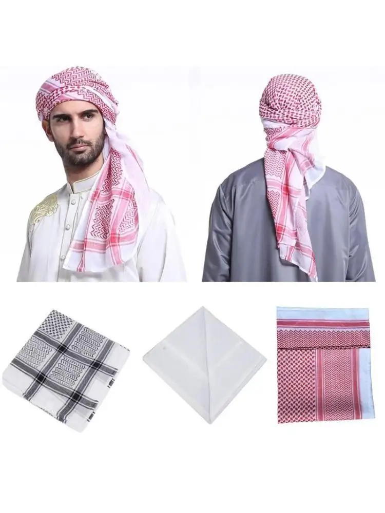39BD Muslim Men Plaid Headscarf Arab Shemagh Dubai Turban Cap Neck Wrap Headcover