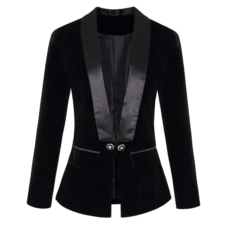 Dark Blue Black Blazer Women Spring Autumn Long Sleeve Velvet Coats Shawl Collar Single Button Blazers Women Jacket Coat Female