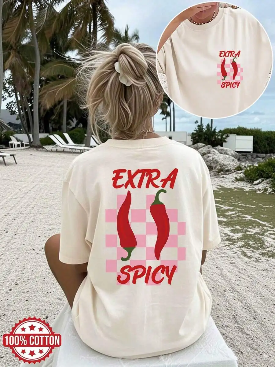 2026 Fashion New Arrival Double Sided Print Chili Plaid Tee Hand Drawn Extra Spicy Graphic Pure Cotton Oversized Drop Shoulder Crew Neck T Shirt S To 7XL Basic Top T Shirt
