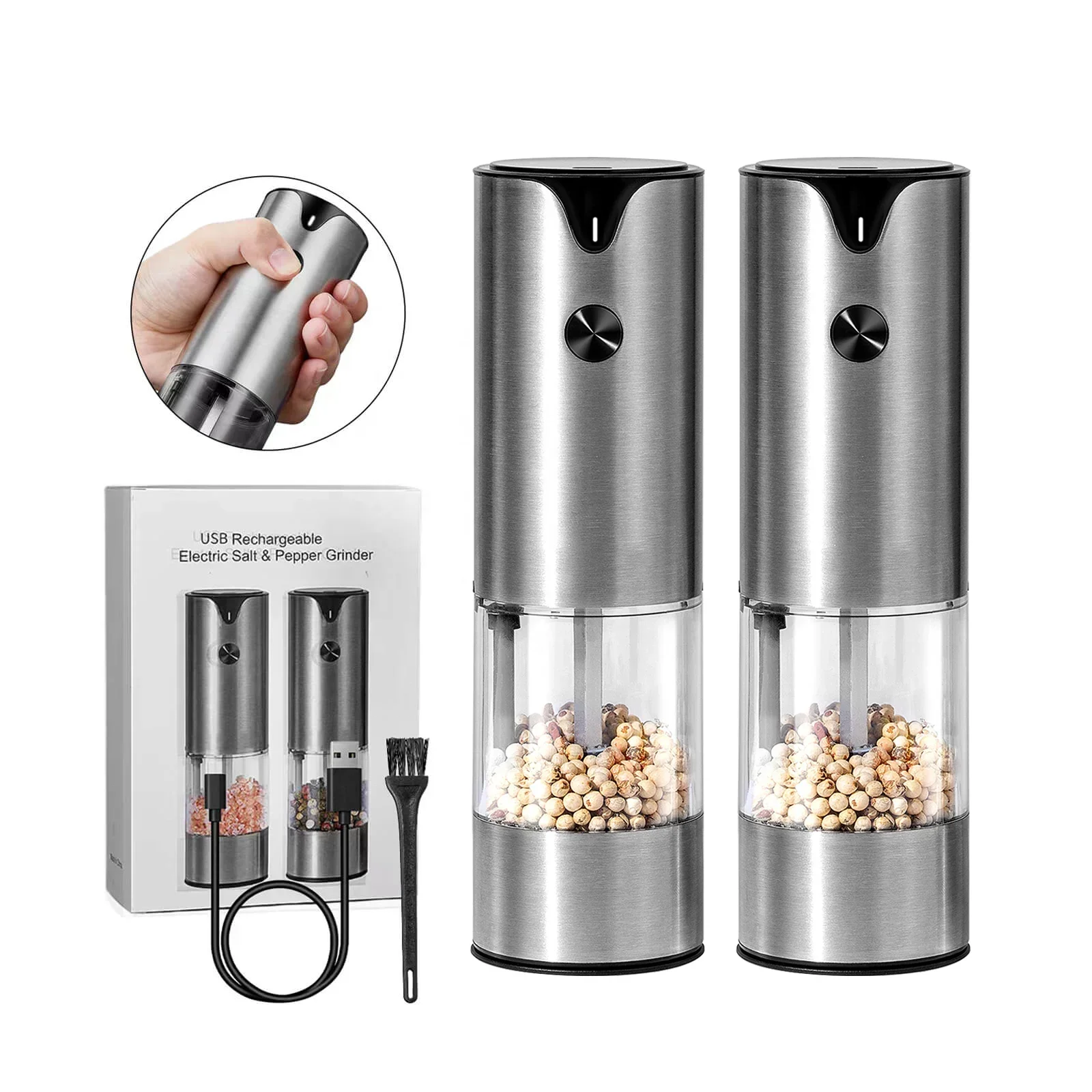 1/2Pcs Electric Salt And Pepper Grinder Set USB Rechargeable Pepper Mills Stainless Steel Automatic Spice Grinders