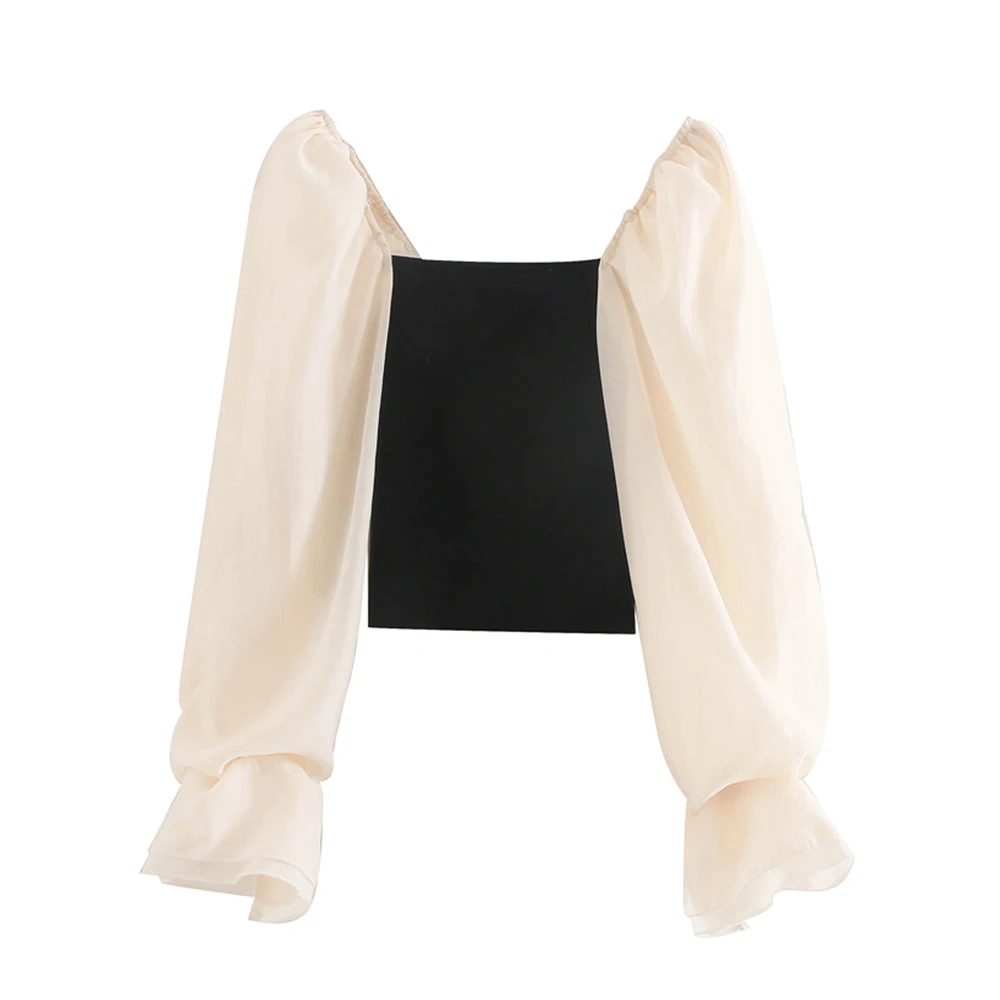 Korean style contrasting color temperament square neck knitted base shirt, chiffon spliced bubble long sleeved top