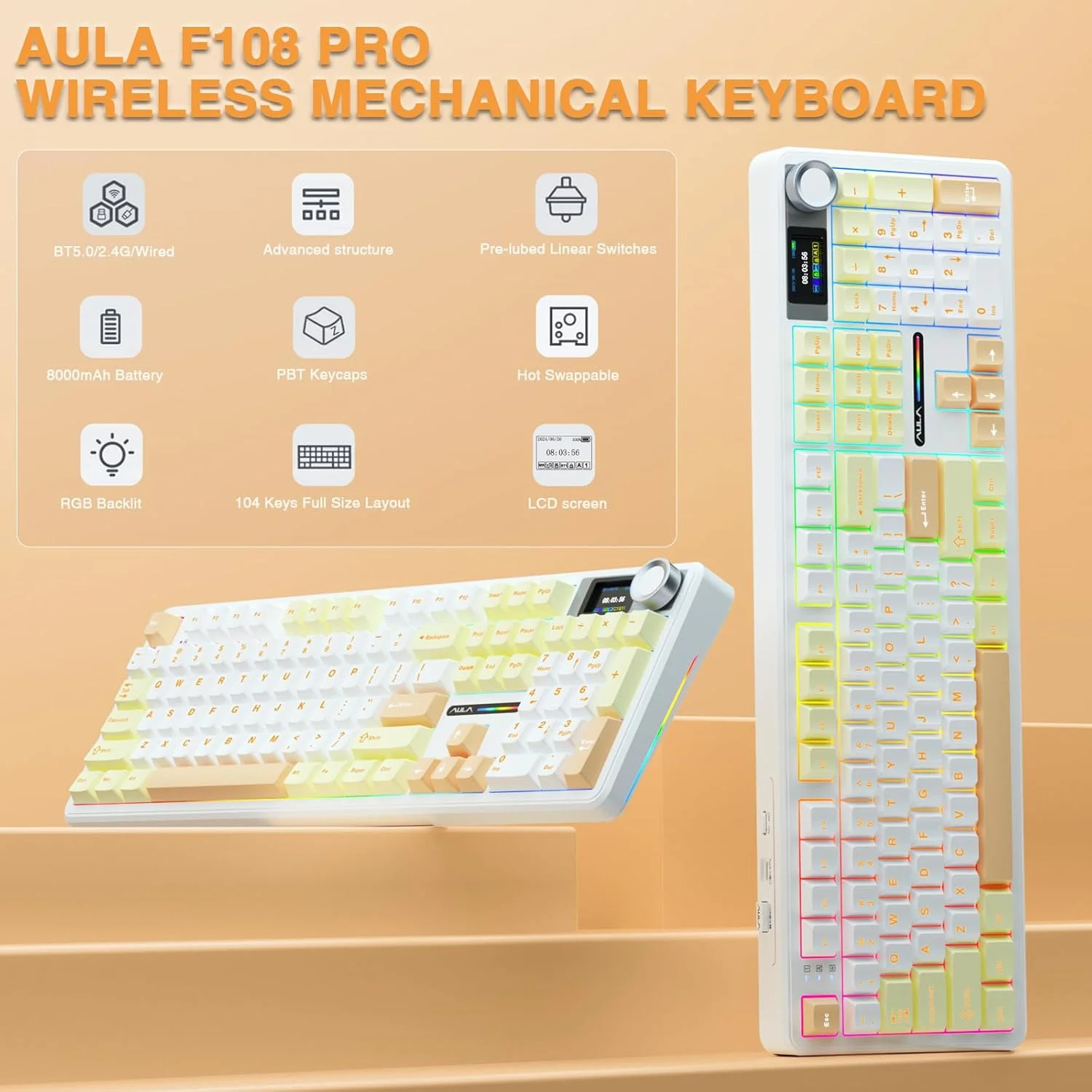 AULA F108 PRO Mechanical Keyboard Tri-model Hot Swappable 8000mAh Pre-lubed Switches RGB PBT Keycaps Creamy Sounding PC Keyboard
