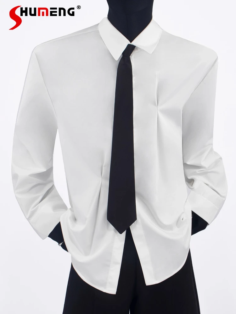 

2025 г. Four Seasons Wear Новые мужские модные рубашки Модные простые индивидуальные плиссированные рубашки с галстуком Стильные универсальные топы с длинными рукавами