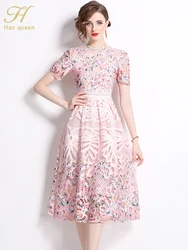 H Han Queen New Crochet Hollow Out Printing Vintage Summer Vestidos Simple Chic Lace Office Casual Midi Dress Women A-Line Dres