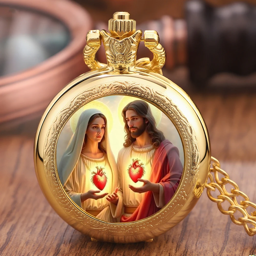Orologio da tasca dorato con design vintage Gesù Madonna Madre di Dio con collana, cassa in lega, orologio con movimento al quarzo per uomo e donna