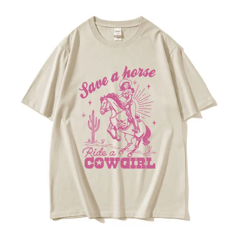 Save A Horse Ride A Cowgirl Print T Shirt Men Women Retro Aesthetic Fashion T-shirts Casual Oversized Cotton T-shirt Streetwear