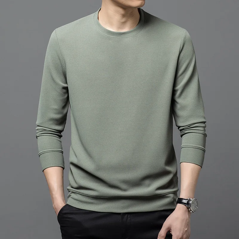 Sweater rajut leher bulat pria, atasan jumper dasar semua cocok warna polos, leher bulat musim gugur musim dingin