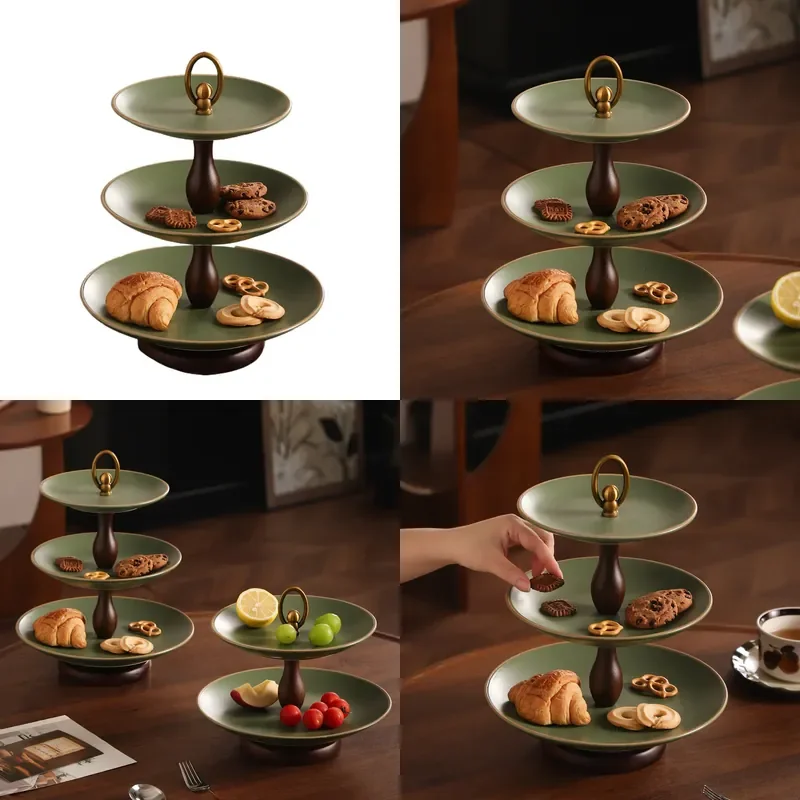 Three Layer Ceramic Fruit Plate Medieval Cake Rack Snack Nut Plate Retro Silent Light Luxury Tea Break Serving Tray for Home