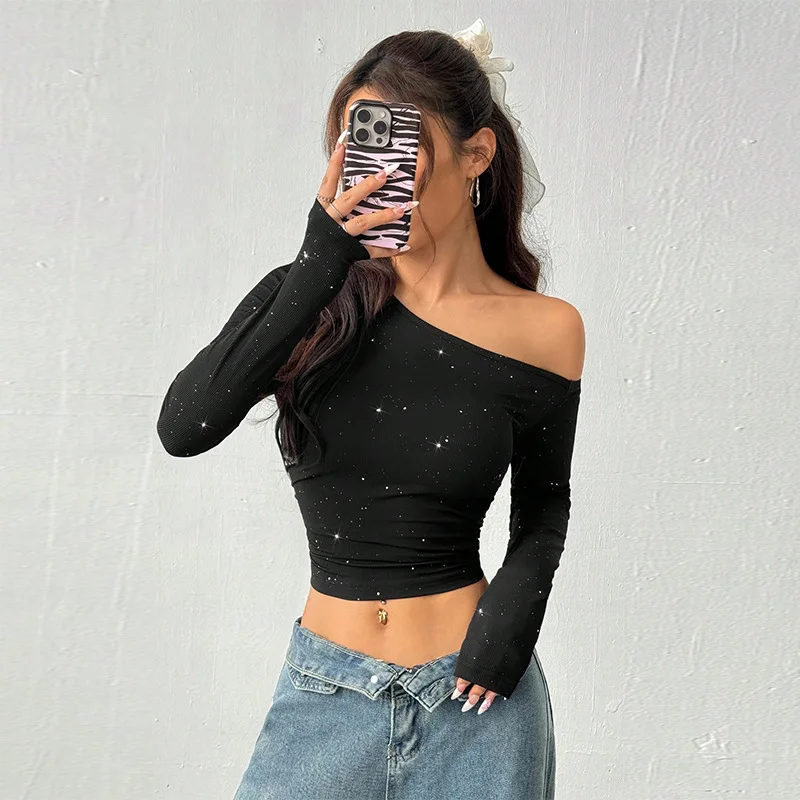 

2025 Spring Summer Female's Long-sleeved T-shirt Slim Knitted Base Top Hot Girl Fashion Ironing Off-shoulder Women's Top