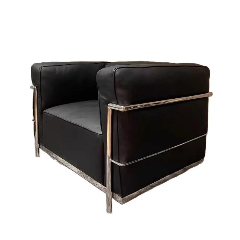 

Single sofa medieval designer stainless steel straight row modern light luxury living room leather sofa