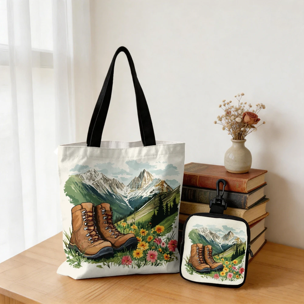 Hiking Boots Mountain Wildflower Tote Bag with Matching Coin Purse - Watercolor Hiking Print Reusable Shopping Bag Set