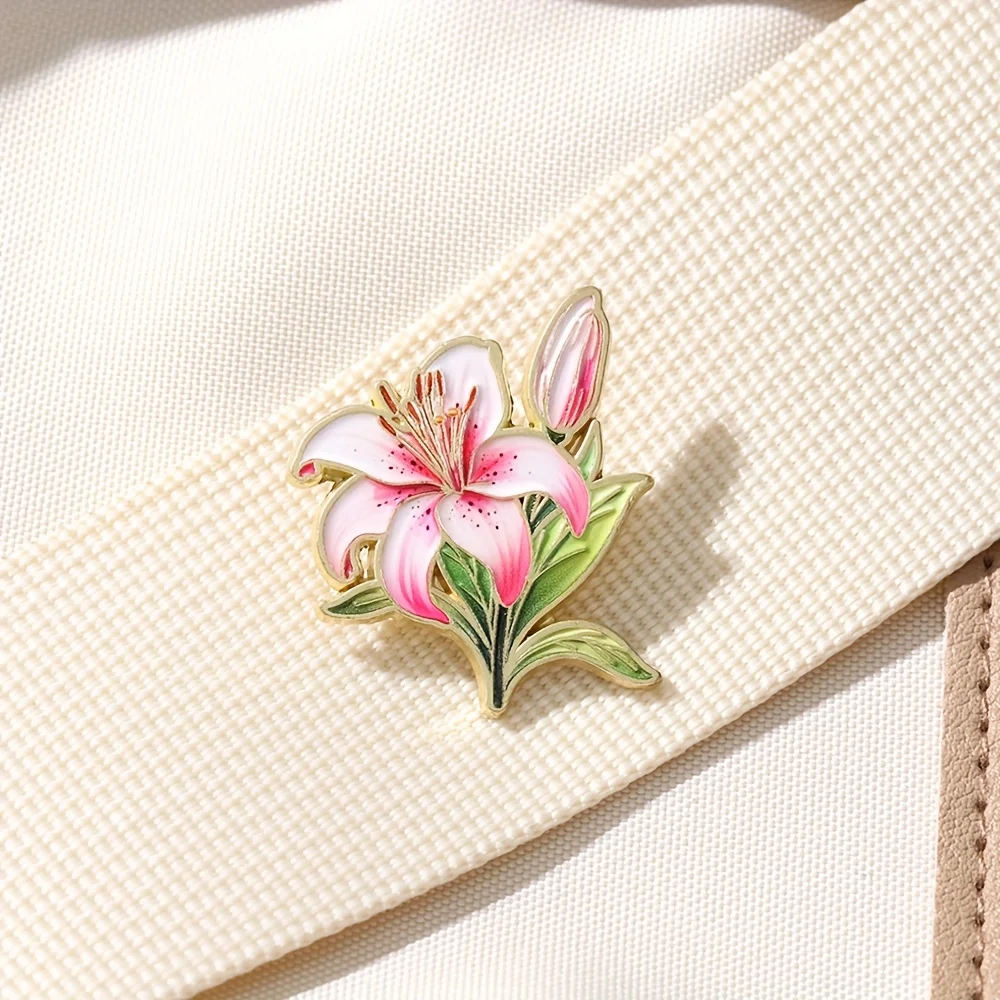 Art Lily Enamel Pin | Fashion Flowers Decorative Brooches, Pink Zinc Alloy, Non-metal Back Buckle, Floral Pattern, Grace Theme view 3