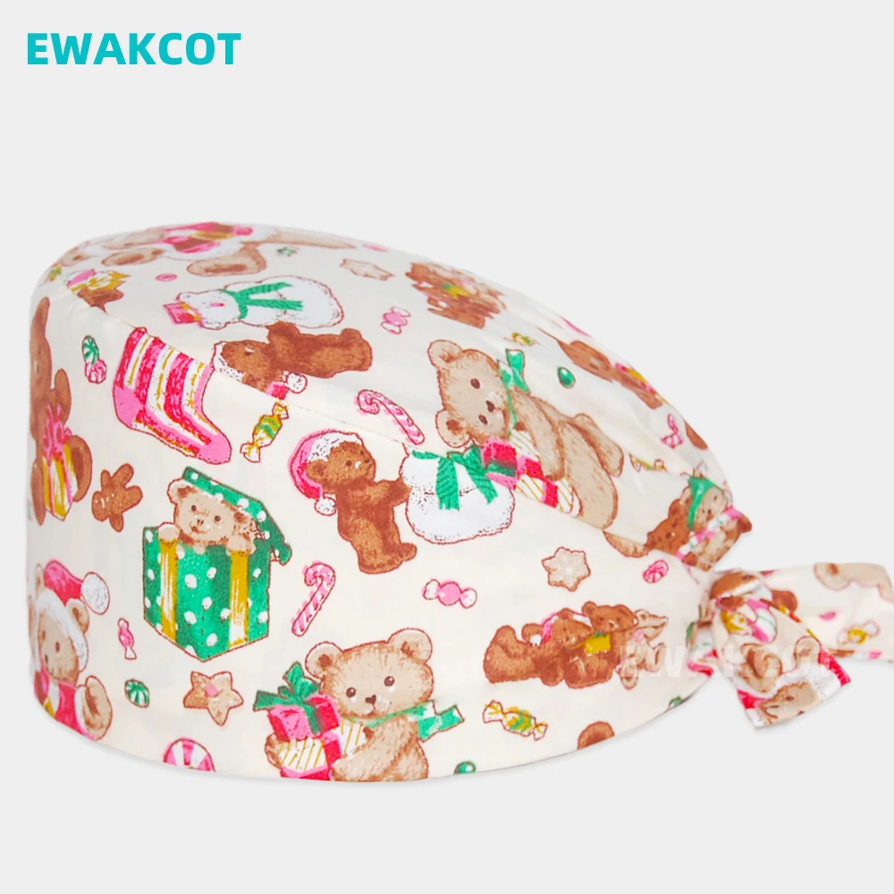 Christmas bear printed scrub cap sweatband chef dentist doctor nurse beauty salon spa pet shop working bouffant hat women men