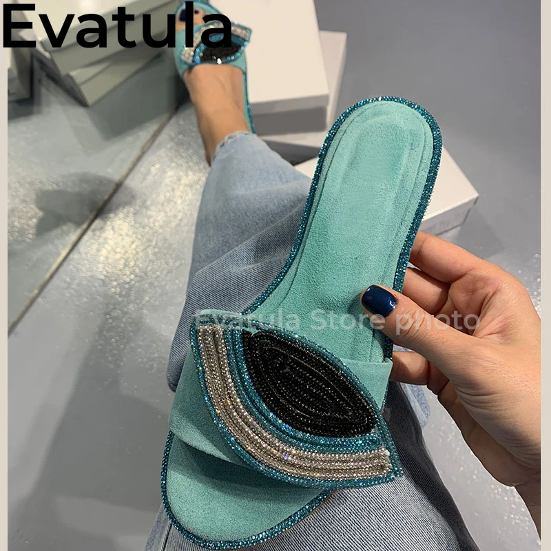 2024 Summer Shining Crystal Eyes Kid Suede Flat Slippers Women Open Toe Slip On Mules Outwear Casual Beach Slides Shoes Ladies